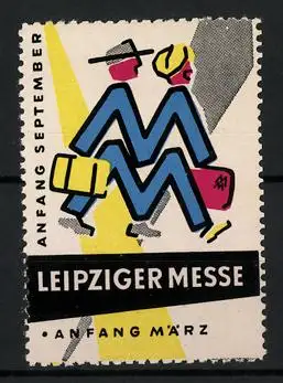 Reklamemarke Leipzig, Leipziger Messe, zwei stilisierte Figuren mit Koffern