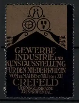 Reklamemarke Crefeld, Gewerbe Industrie und Kunstausstellung 1911, Zahnräder und Symbole