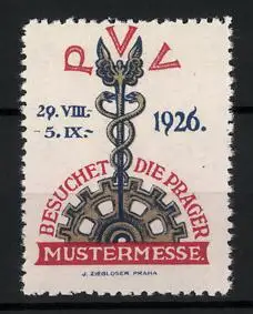 Reklamemarke Prag, Prager Mustermesse 1926, Zahnrad und Hermesstab