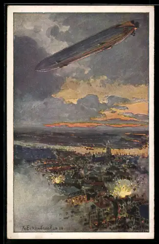 Künstler-AK sign.: T. von Eckenbrecher: Zeppelin über Antwerpen