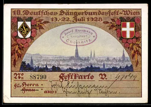 AK Wien, 10. Deutsches Sängerbundesfest 1928, Ortsansicht mit Wappen