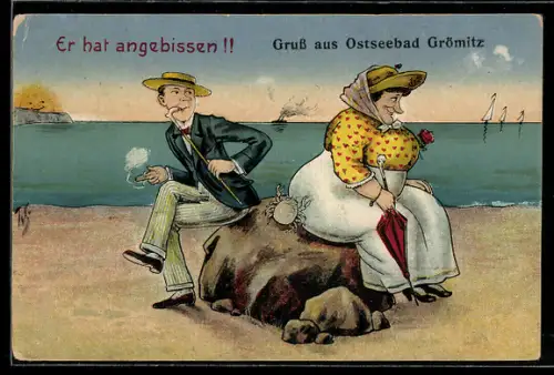 Künstler-AK Willi Scheuermann: Frau verwechselt den Kniff eines Krebses mit der interessierten Geste eines Mannes