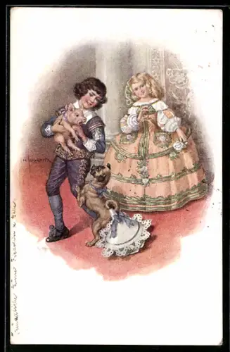 Künstler-AK H. Schubert: Zwei Kinder mit einem Hund und einem Ferkel