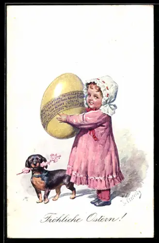 Künstler-AK Karl Feiertag: Mädchen mit Dackel und riesigem Osterei