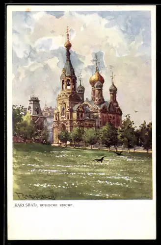 Künstler-AK Ferdinand Engelmüller: Karlsbad, Russische Kirche