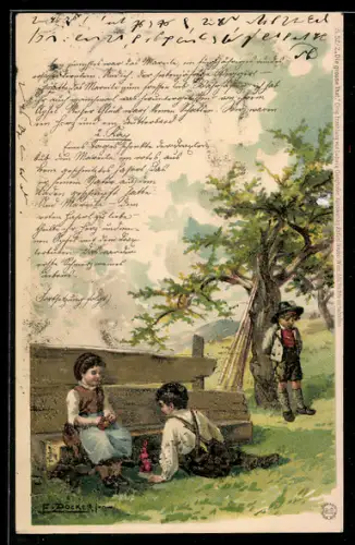 Künstler-Lithographie E. Döcker: Die grosse That, Kinder