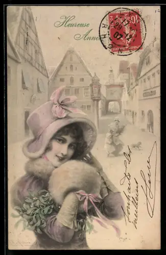 Künstler-AK Wichera, M. Munk Nr. 336: Dame mit Muff in Stadt