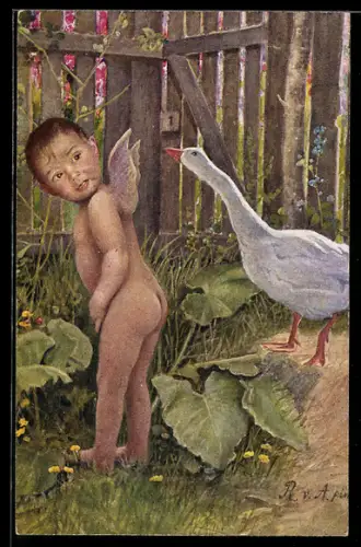 Künstler-AK Kleiner Engel mit Gans im Garten