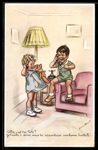 Künstler-AK Germaine Bouret: Mädchen und Junge am Telefon