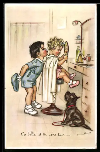 Künstler-AK Germaine Bouret: Mädchen betrachtet sich im Handspiegel