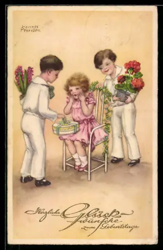 Künstler-AK Hannes Petersen: Mädchenn bekommt Geschenke zum Geburtstag