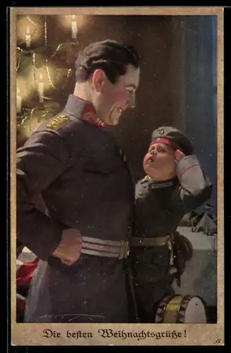 Künstler-AK Ludwig Knoefel: Weihnachtsgrüsse, Soldat in Uniform grinst seinen salutierenden Sohn an