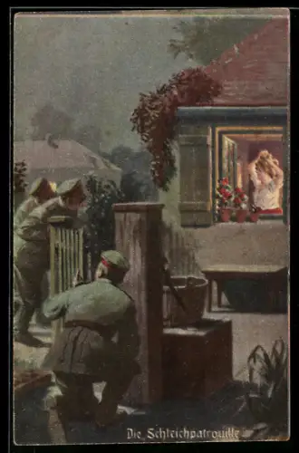 Künstler-AK Arthur Thiele: Soldatenhumor Die Schleichpatrouille Soldaten beobachten Mädchen am Fenster