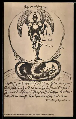 Künstler-AK Hans Thoma: Ritter mit Schwert und Waage steht auf dem Rücken eines Drachen