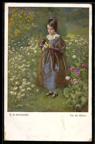 Künstler-AK Karl Maria Schuster: Für die Mutter, Mädchen beim Blumenpflücken