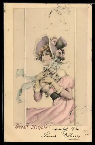 Künstler-AK R. Kratky: Elegante Dame mit Ferkel auf dem Arm