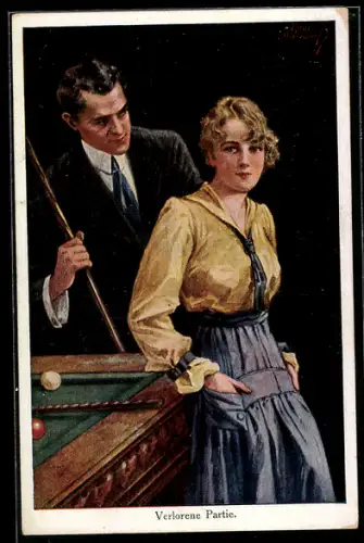 Künstler-AK Ruab Gnischaf: Junge Dame ist verärgert, da sie das Billardspiel verloren hat