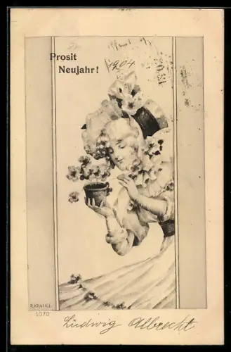 Künstler-AK R. Kratky: Elegante Dame mit Kleeblättern im Blumentopf