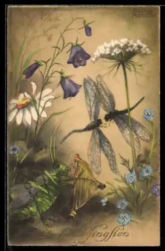 Künstler-AK Hannes Petersen: Libellen und ein Grashüpfer mit Harfe zwischen Blumen, auch Vergissmeinnicht