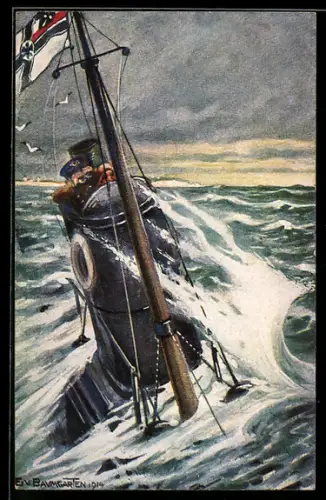 Künstler-AK Deutsches Unterseeboot auf Patrouille an der englischen Küste, U-Boot