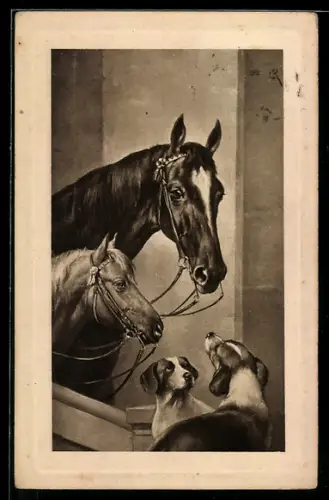 Künstler-AK Carl Reichert: Zwei Hunde mit zwei Pferden