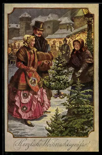 Künstler-AK H.Schubert: Eine Familie kauft auf dem Marktplatz einen Weihnachtsbaum