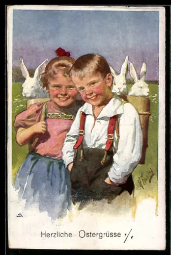 Künstler-AK Karl Feiertag: Zwei Kinder mit Kaninchen in Körben, Ostergruss