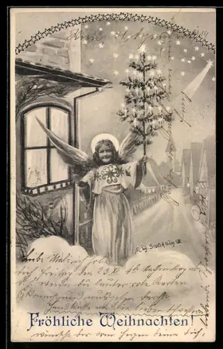 Künstler-AK Charles Scolik: Kleiner Engel auf verschneiter Strasse