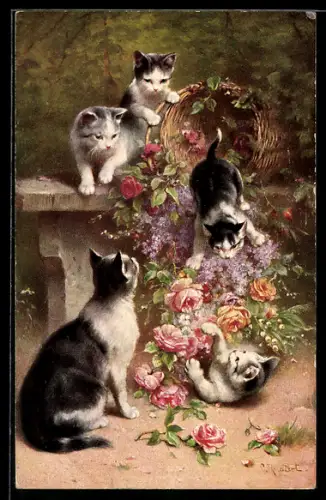 Künstler-AK C.Reichert: Kätzchen werfen Korb mit Rosen um