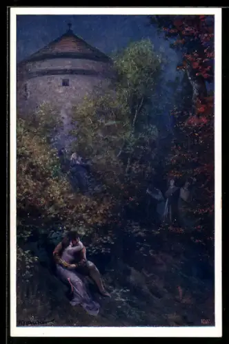 Künstler-AK Adolf Liebscher: Tichá Láska, Liebespaar bei Nacht vor einer Burg