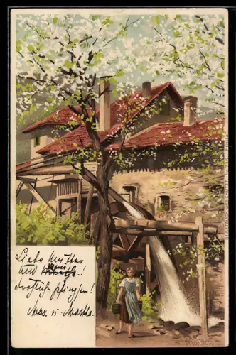 Künstler-Lithographie Alfred Mailick: Wassermühle im Frühling