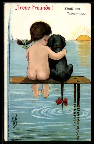 Künstler-AK Willi Scheuermann: Travemünde, Mädchen und Hund sitzen auf einem Steg