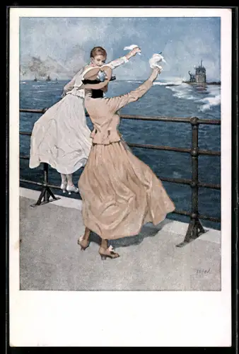 Künstler-AK Brynolf Wennerberg: Frauen wehen mit ihren Taschentüchern zur Verabschiedung eines U-Bootes