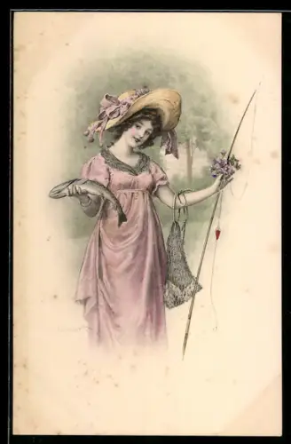 Künstler-AK H. Schubert: Dame mit Angel und gefangenem Fisch