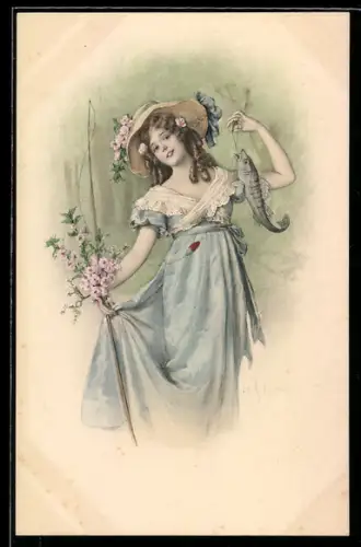 Künstler-AK H. Schubert: Junge Frau mit Fisch und Angel
