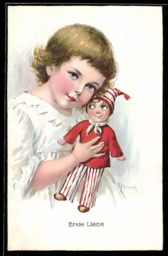 Künstler-AK Elly Frank: Erste Liebe, Kind kuschelt mit seiner Puppe