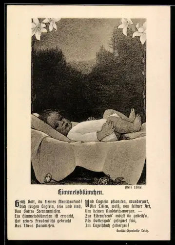 Künstler-AK Meta Löwe: Himmelsblümchen, Baby in der Wiege