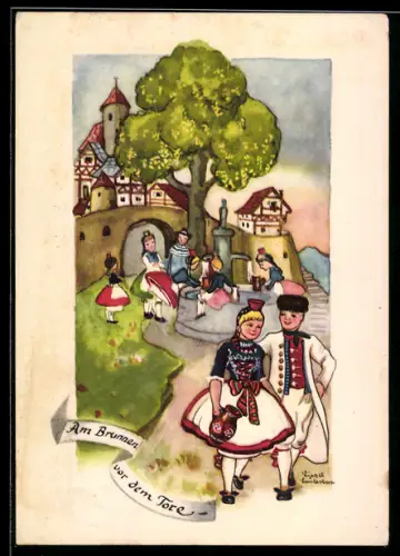 Künstler-AK Liesel Lauterborn: Am Brunnen vor dem Tore, Paar in Tracht