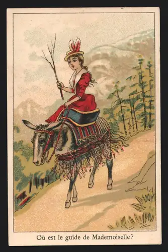 Sammelbild Liebig, Chocolat de la Havane, Frau reitet auf einem Esel