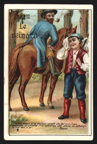 Sammelbild Liebig, Tain, Chocolat de l`Hermitage de Stérimberg, Mann mit Pfeife auf einem Pferd neben einem Jungen