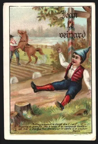 Sammelbild Liebig, Tain, Chocolat de l`Hermitage de Stérimberg, Junger Mann sitzt mit erhobener Faust auf dem Boden