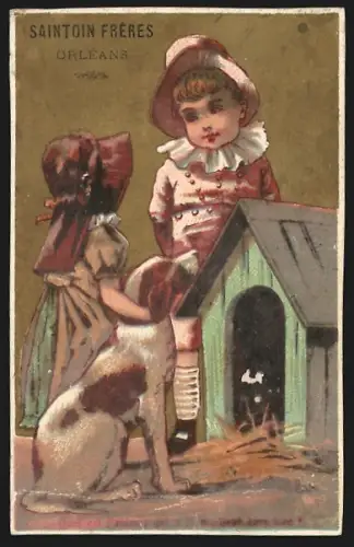 Sammelbild Liebig, Orléans, Saintoin Frères, Schokolade, Kinder mit Hund neben einer Hundehütte