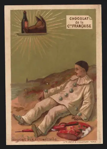 Sammelbild Liebig, Paris, Compagnie Francaise, Schokolade, Erschöpfter Pierrot am Strand
