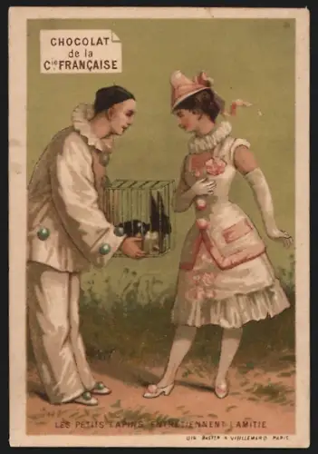 Sammelbild Liebig, Paris, Compagnie Francaise, Schokolade, Pierrot präsentiert einer Dame ein Kaninchen