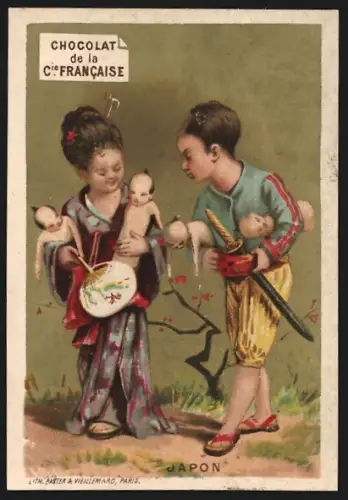 Sammelbild Liebig, Paris, Compagnie Francaise, Schokolade, Samurai und Geisha mit Puppen