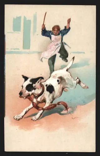 Sammelbild Liebig, Chocolat fucos a l`agar agar, Frau jagt einen Hund mit gestohlenen Würstchen