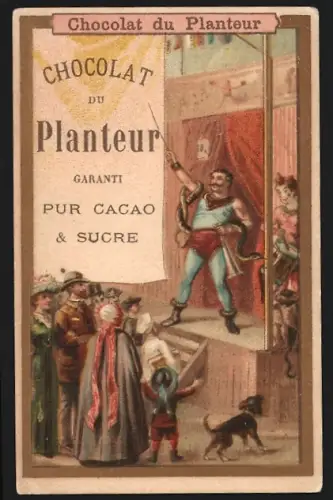 Sammelbild Liebig, Chocolat du Planteur, Mann auf einer Bühne bewirbt die Marke