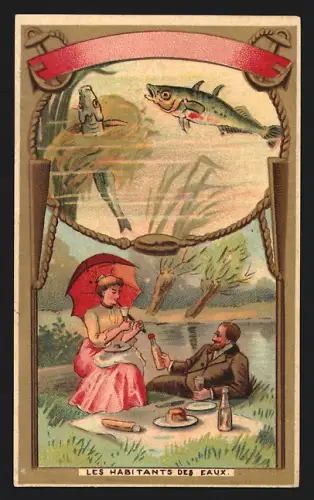 Sammelbild Liebig, Chocolat de la Havane, Paar beim Essen und Fische