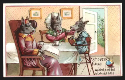 Sammelbild Liebig, Van Houten, Kakao, Eselfamilie sitzt am Tisch