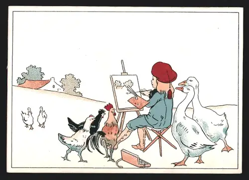 Sammelbild Liebig, Chocolat de la Havane, Kind mit Gänsen und Hühnern beim Malen